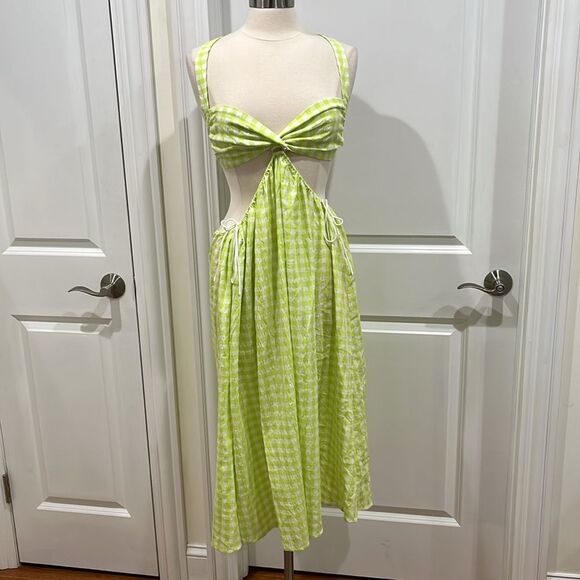 New! FOR LOVE AND LEMONS Maureen Midi Gingham Dress Green White Size Medium - Picture 3 of 12